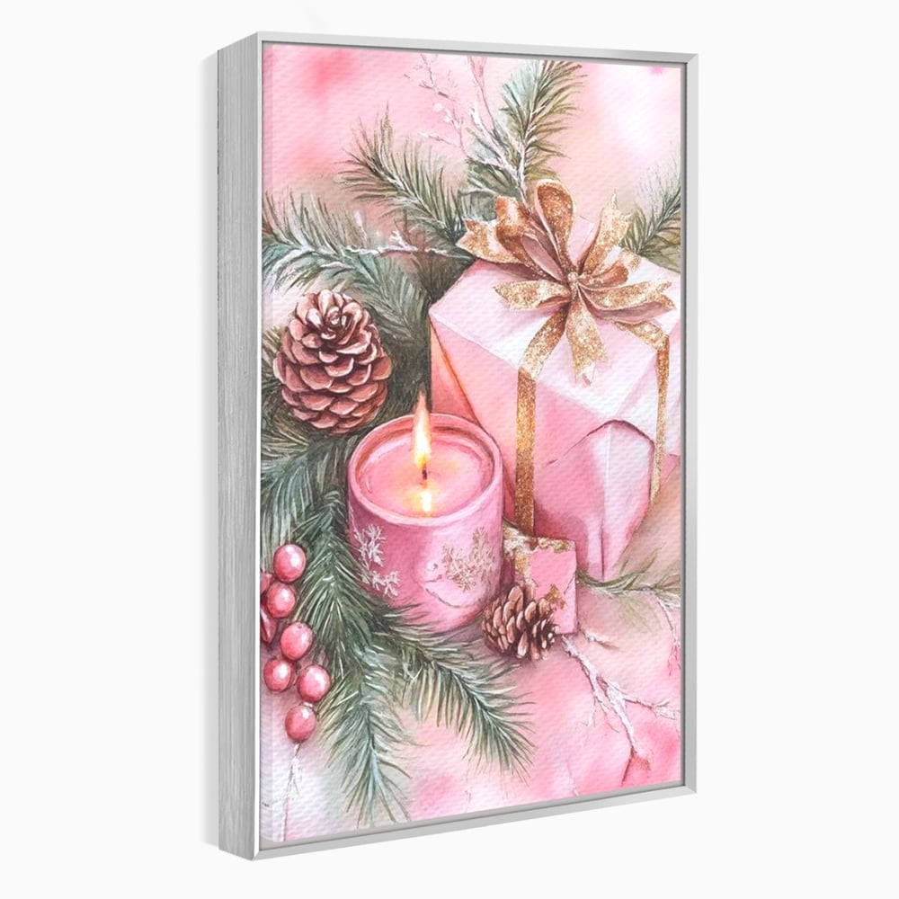 Tablou canvas cu ilustratie cu lumanare si cadou roz, in rama de aluminiu argintiu